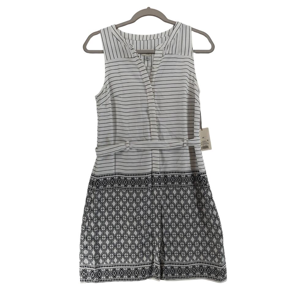 A New Day Striped Shift Dress XS White Black Geometric Belted Diamond Crew Mini